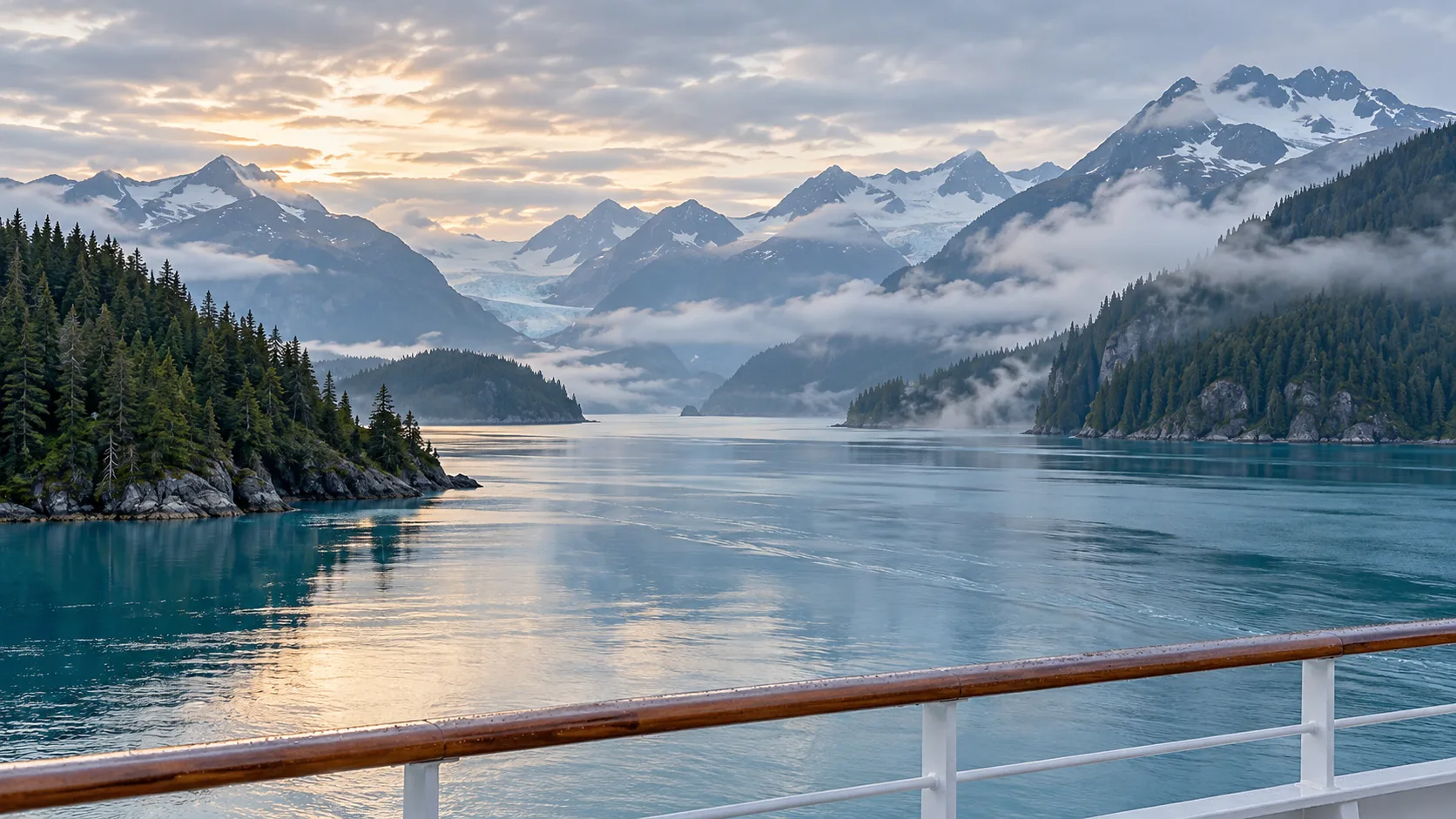Alaska mountains, forested coastline, and calm water viewed from a ship